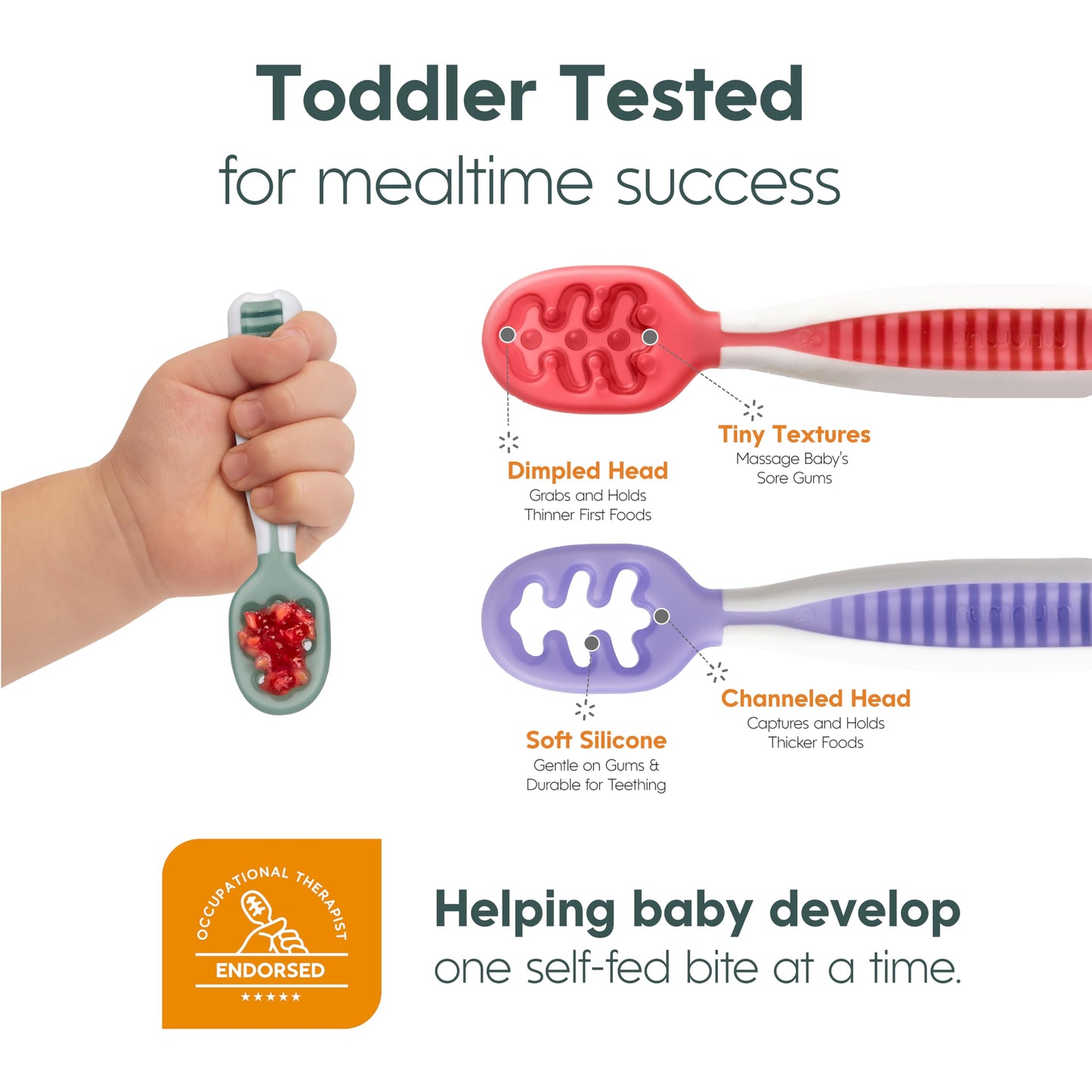 NumNum Baby Spoons Set, Pre-Spoon GOOtensils for Kids Aged 6+ Months - First Stage, Baby Led Weaning (BLW) Spoon - Self Feeding, Silicone Toddler Food Utensils - 2 Spoons, Olive/Navy