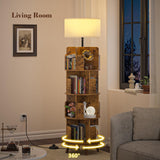 TVU 4Tire Rotating Bookshelf with Light, 360 Degree Spinning Book Shelf Tower, 4-Tier Circular Bookcase for Small Spaces, Fits Any Corner, for Study、Living Room、Bedroom、Office, Flame Finish TVU