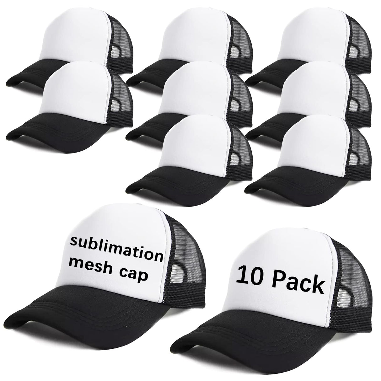 OKBA Sublimation Blank Baseball Cap Polyester Mesh Black Trucker Hat Adult (Black and White hat *10PCS) OKBA