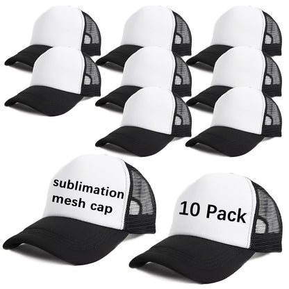 OKBA Sublimation Blank Baseball Cap Polyester Mesh Black Trucker Hat Adult (Black and White hat *10PCS)