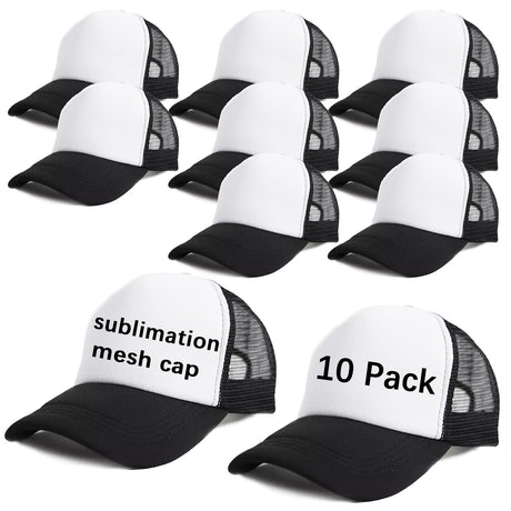 OKBA Sublimation Blank Baseball Cap Polyester Mesh Black Trucker Hat Adult (Black and White hat *10PCS) OKBA