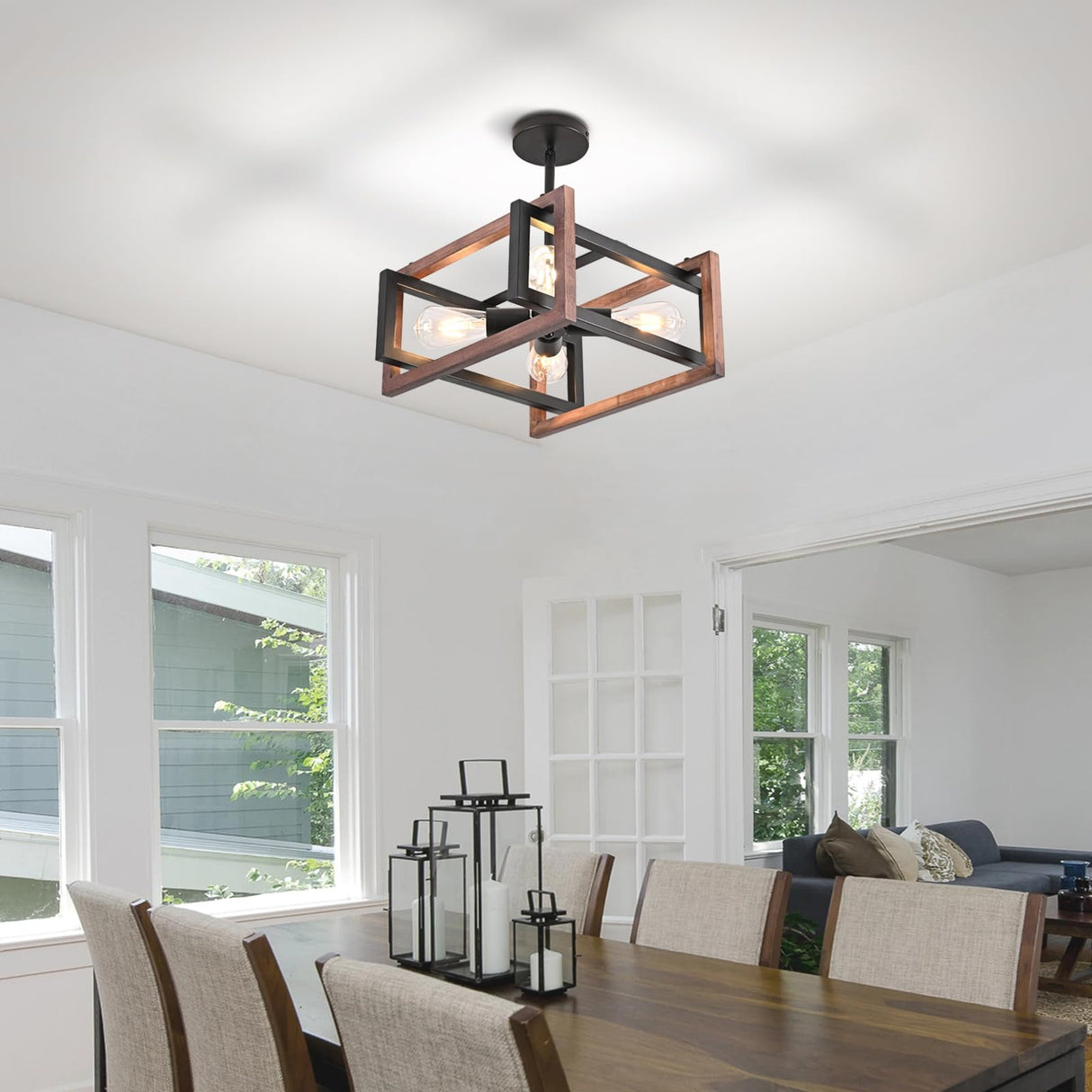 HuisMier 4-Light Farmhouse Ceiling Light Fixtures, Rustic Wood and Metal Semi Flush Mount Ceiling Light Black Industrial Chandelier for Dining Room Hallway Kitchen Entryway Bedroom Living Room HuisMier