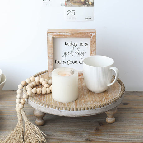 SwallowLiving Rustic Round Wood Tray Riser Farmhouse Pedestal Stand with Beaded Edge for Decor Wooden Finish Cupcake Display for Cakes and Decorative Items 11.8 inches SwallowLiving