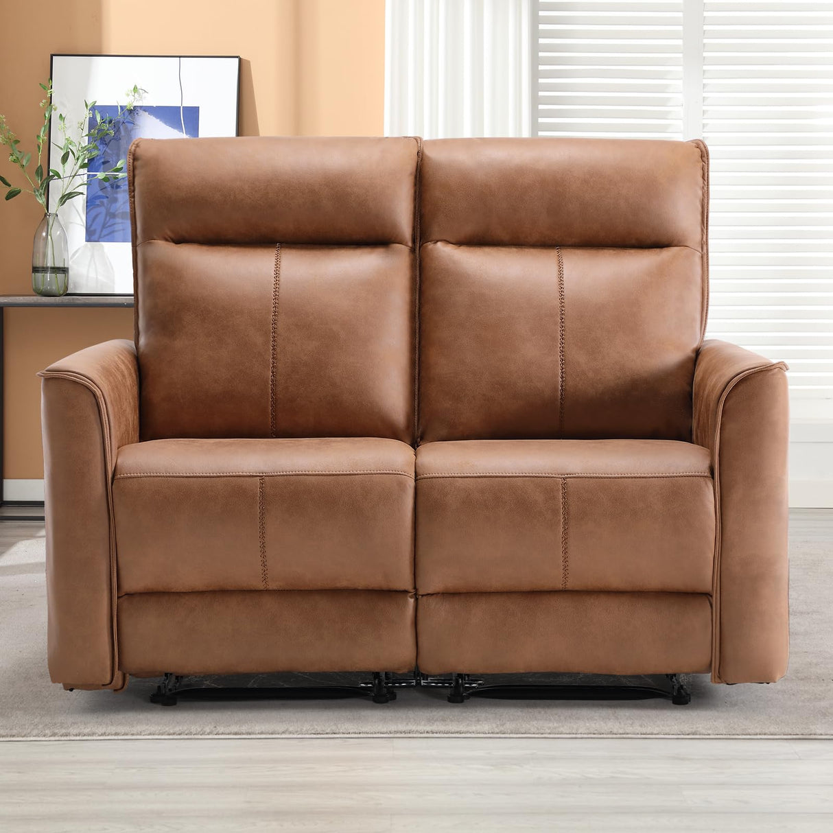Manual Loveseat Recliner Sofa, Wall-Hugger 2 Seat Reclining Love Seat Couches, Leathaire Reclining Sofa Set, Double Seater Recliner Chair for Living Room, Office, Apartment, Brown CANMOV