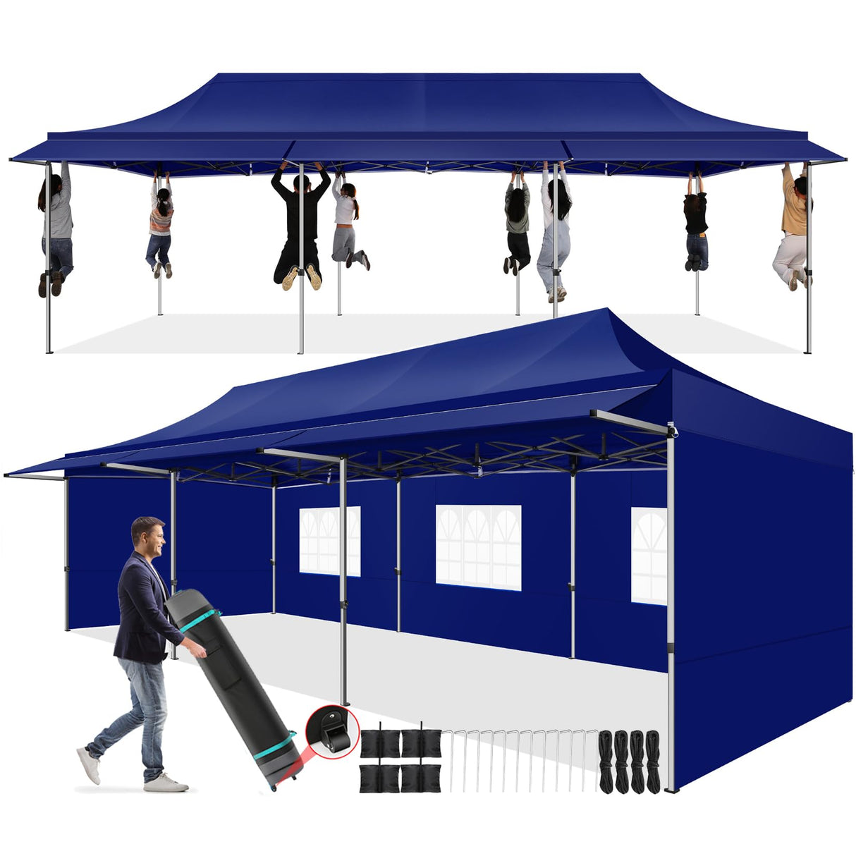 COBIZI 10x30 Pop Up Canopy Tent with Awning,Heavy Duty Canopy UPF 50+ All Season Wind Waterproof Commercial Outdoor Street Vendors Party Tents for Parties Canopy with Roller Bag(10 x 30 ft Dark Blue) COBIZI
