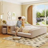 Merax Queens Size Velvet Bed Frames Upholstered Grounded Bed, Wooden Mother & Child Bed with Bedside Desk and Little Round Stool,Kids Adults Bedroom Floor Platform Bed,Beige Merax