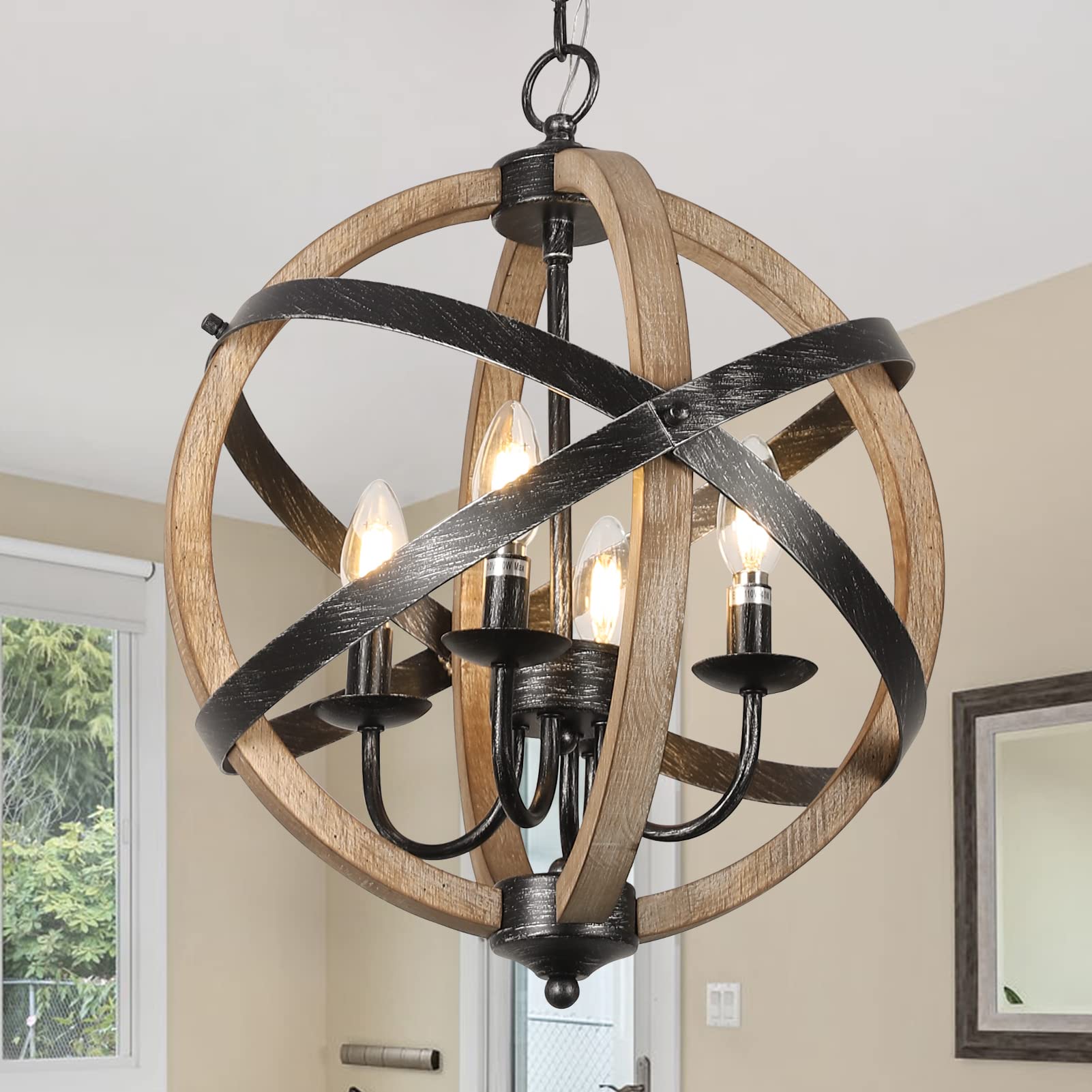 PAUFUL Farmhouse Chandelier Light Fixtures，4-Light Dining Room Light Fixtures Height Adjustable，Rustic Wood Light Fixtures Ceiling Hanging for Kitchen, Living Room, Hallway, Bedroom, Foyer，En - WoodArtSupply