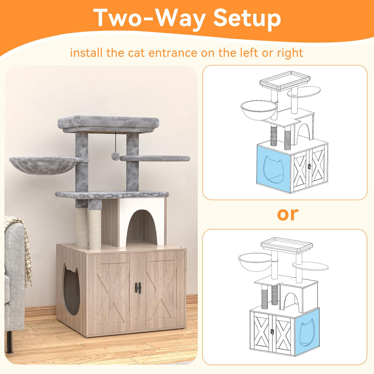 HavenlyYouth Litter Box Enclosure with Cat Tree,Cat Tree with Litter Box Enclosure,Hidden Pet Washroom Furniture with Sisal Scratching Post,Hammocks,Condo,Multiple Platform,Soft Plush Perch, Grey HavenlyYouth