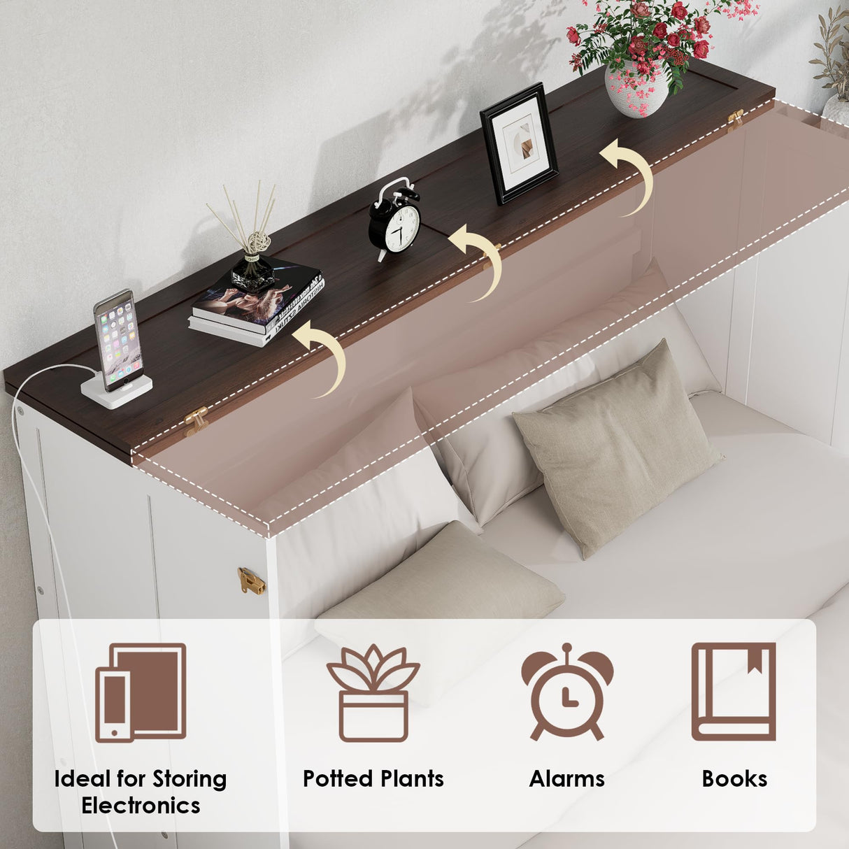 howcool Queen Murphy Bed Cabinet with Charging Station and Large Storage Drawer, Solid Pine Wood Platform Bed Frame, Foldable Cabinet Bed for Home Office, Space Saving Design, White + Walnut howcool