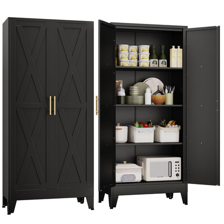 Lusiwry 61" H Metal Kitchen Pantry Storage Cabinet, Freestanding Cupboard with 2 Doors and 3 Adjustable Shelves, Standing Storage for Kitchen, Bathroom, Garage, Dinning Room or Utility Room（Black） Lusiwry