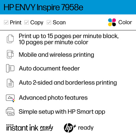 HP ENVY Inspire 7958e Wireless All-in-One Color Inkjet Printer, Print, scan, copy, Duplex printing best-for-home, 3 months of ink included (327A7A) HP