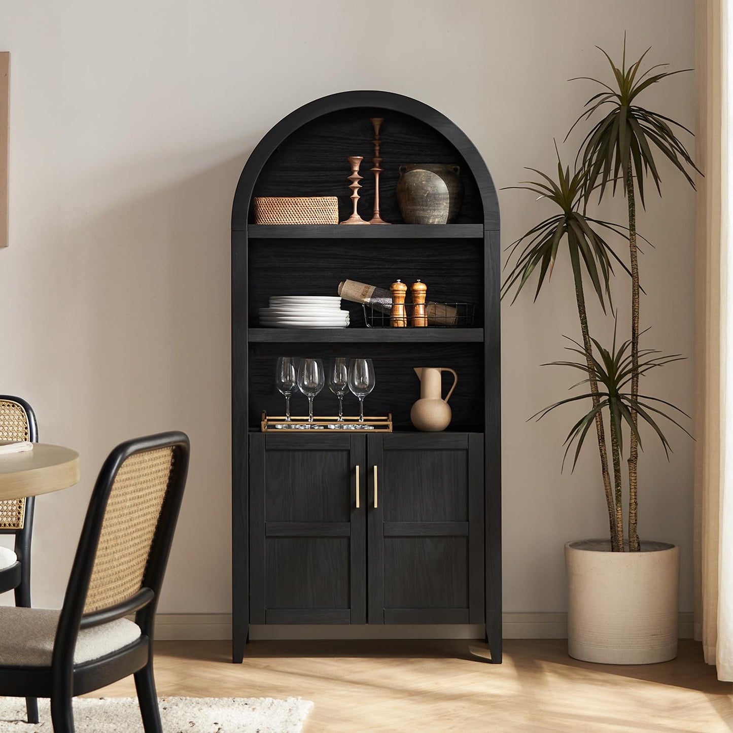 mopio Lauren 65.4" Short Arched Cabinet, 5-Tier Arched Bookcase with Doors and Shelves, Mini Arched Bookshelf with Storage, Kitchen Pantry Cabinet, Wooden Storage Cabinet for Living Room (Bla - WoodArtSupply