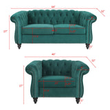 RARZOE 2 Pieces Living Room Furniture - Chesterfield Style Sofa Set with Nailhead Trim Scroll Arms, Green RARZOE