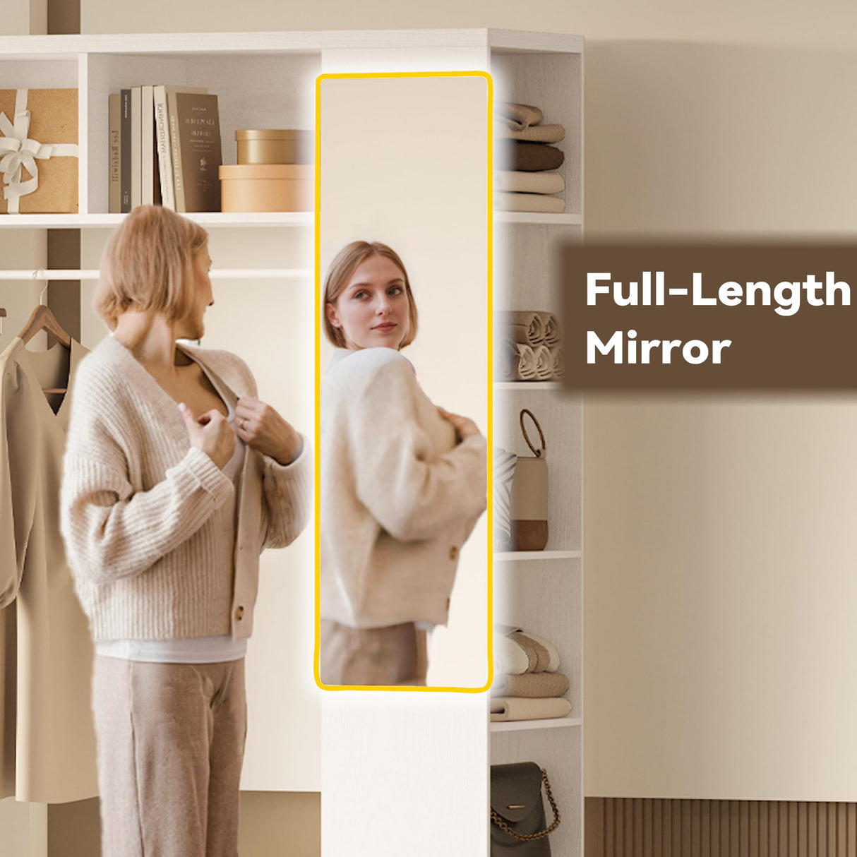 IRONCK Closet Racks on Wheels with Mirror and 10 Shelves, Portable Freestanding Wooden Closet Garment Rack with Hang Rod, White IRONCK