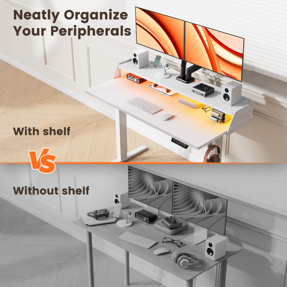 ErGear Standing Desk with LED Strip, 48″ x24″ Electric Height Adjustable RGB Gaming Desk with Shelf, Sit Stand Desk with Dual Cable Holes, C-Clamp Mount Compatible, 4 Preset Heights, White ErGear