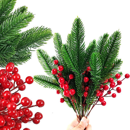 RONYOUNG 32PCS Artificial Pine Branches Christmas Holly Berries Artificial Red Berry Stems for Christmas Wreath Decorations Xmas Tree Decoration