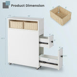 Tangkula Compact White Bathroom Storage Cabinet with Drawers and Rattan Baskets on Wheels Tangkula