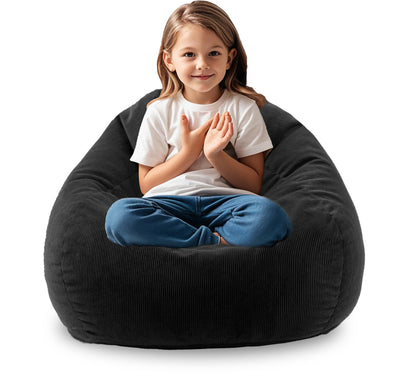 ENBAOHUI 3FT Memory Foam Bean Bag Chairs for Teens or Kids with Filling Bean Bag Sofa with Handle Super Soft Washable Corduroy Fabric Lazy Sofa 3 Foot Black