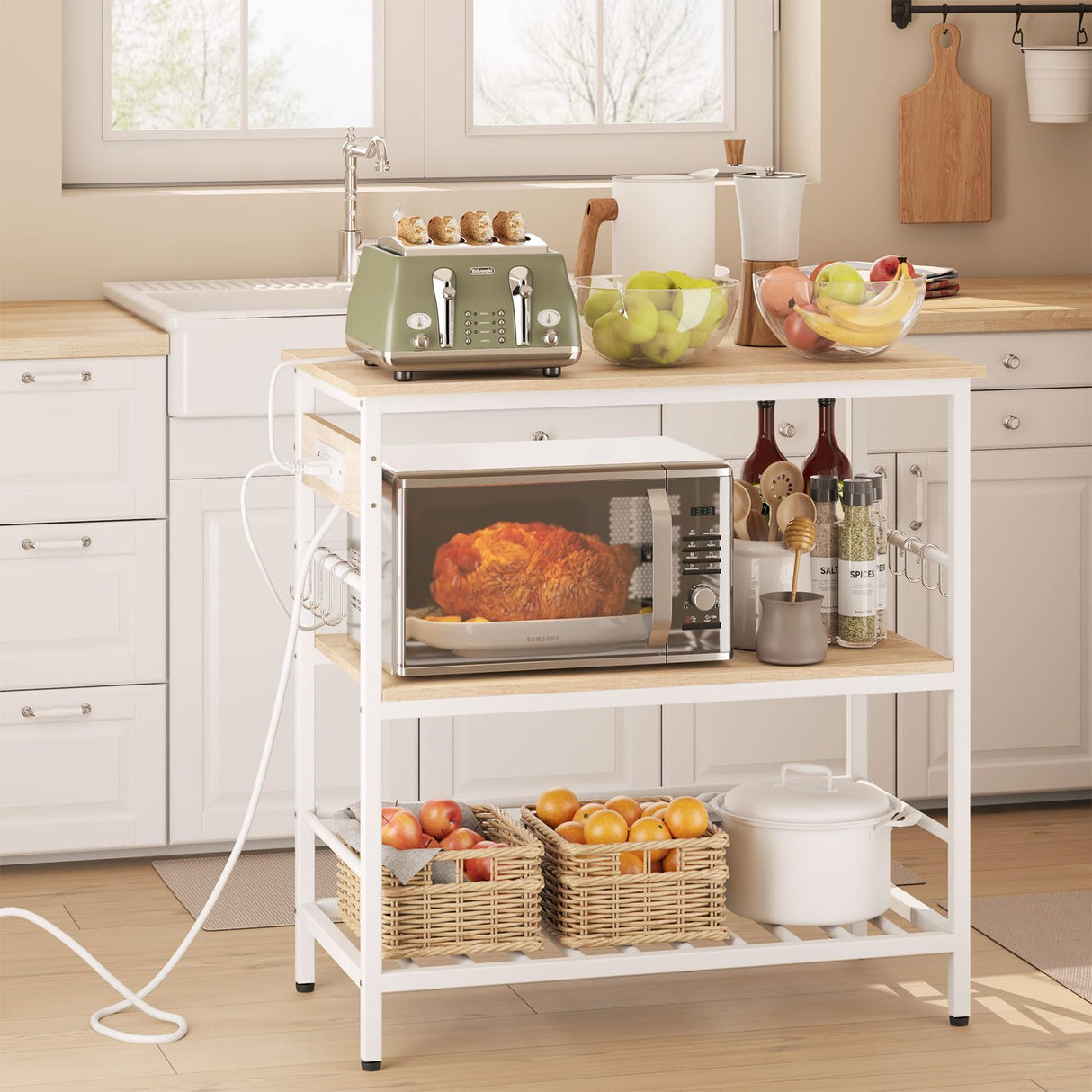 IBUYKE Kitchen Island with Storage, Bakers Rack with Power Outlet,Microwave Stand with Large Worktop,Rolling Bar Cart for Home, Outdoor, Kitchen,Light Wood TMJ029R IBUYKE