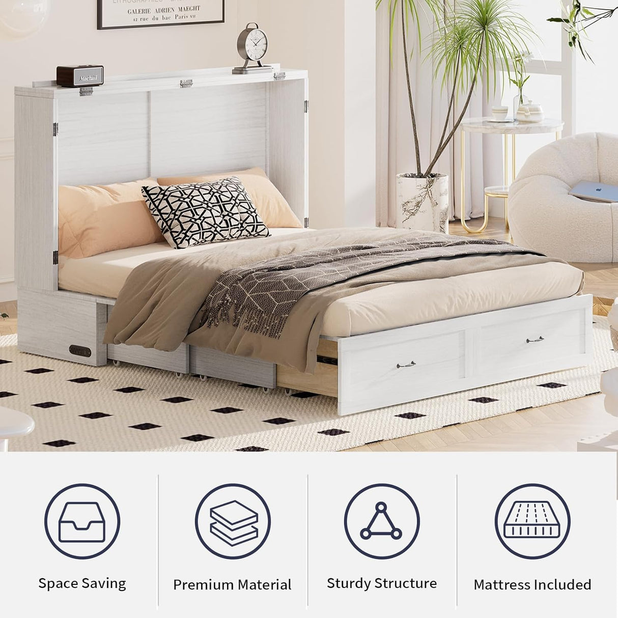 ijuicy Queen Size Murphy Bed with Foldable Foam Mattress, Cube Cabinet Bed with Multifunctional Charging Station & Extra Large Storage Drawers, Space-Saving Hideaway Bed for Guests-Pure White ijuicy