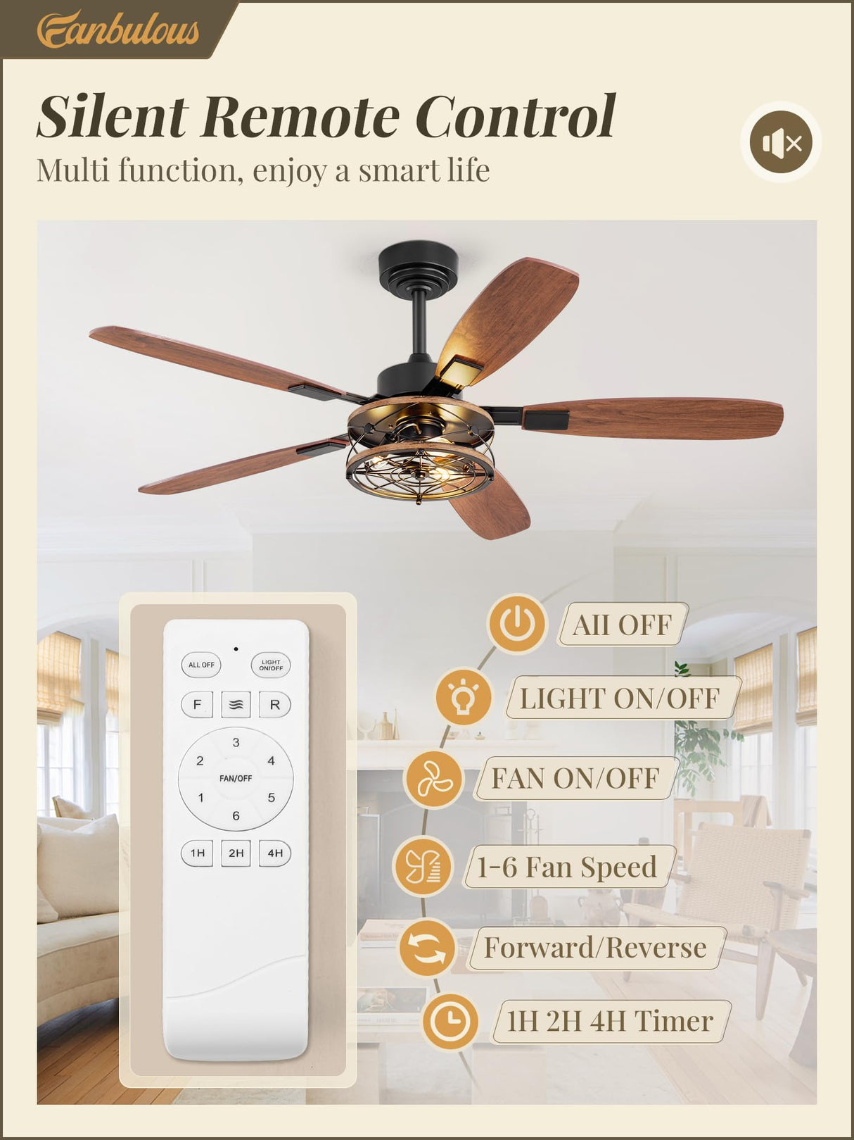 52 Inch Farmhouse Ceiling Fan with Light and Remote, Black Industrial Caged Flush Mount Ceiling Fans with 6 Speed Reversible Motor and Dual Finish 5 Blades, Rustic Ceiling Fan for Living room, Bedroom Fanbulous
