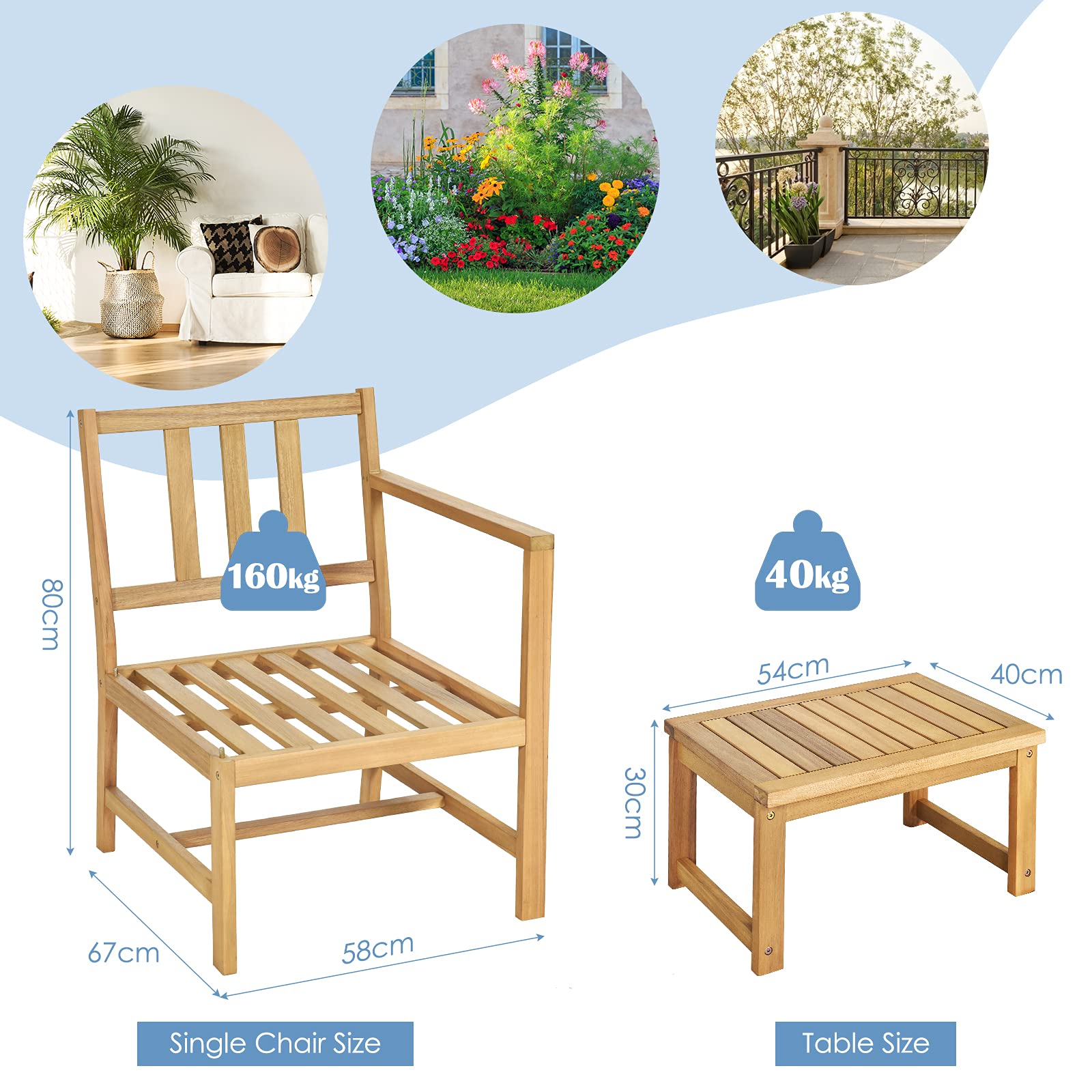 DORTALA Acacia Wood Patio Set, 3-Piece Wooden Love Seat with Cushions &Table, 2-Seater Outdoor Furniture Set, Patio Conversation Set for Garden Backyard Balcony Patio Poolside - WoodArtSupply