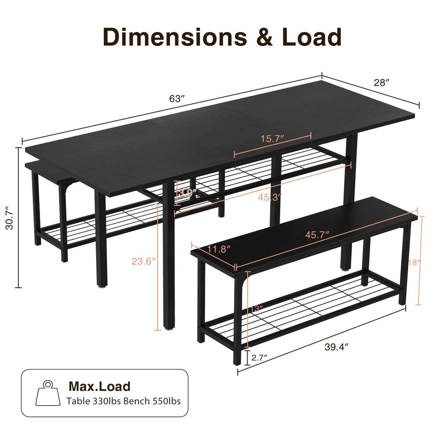 Halitaa 3-Piece Dining Table Set for 4-8, Black Kitchen Table Set 63" Extendable Dining Room Table Set with 2 Benches Storage Rack Metal Frame & Wooden Board - WoodArtSupply