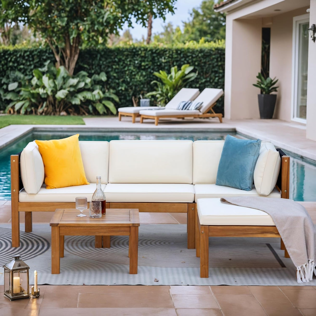 Greesum 5 Pieces Small Patio Sofa, Acacia Wood Outdoor Conversation Sets with Tea Table for Garden Porch and Backyard, Beige Greesum