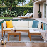 Greesum 5 Pieces Small Patio Sofa, Acacia Wood Outdoor Conversation Sets with Tea Table for Garden Porch and Backyard, Beige Greesum