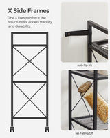 SONGMICS 3-Tier Metal Storage Rack with Wheels, Mesh Shelving Unit with X Side Frames, 23.6-Inch Width, for Entryway, Kitchen, Living Room, Bathroom, Industrial Style, Black UBSC163B01 SONGMICS