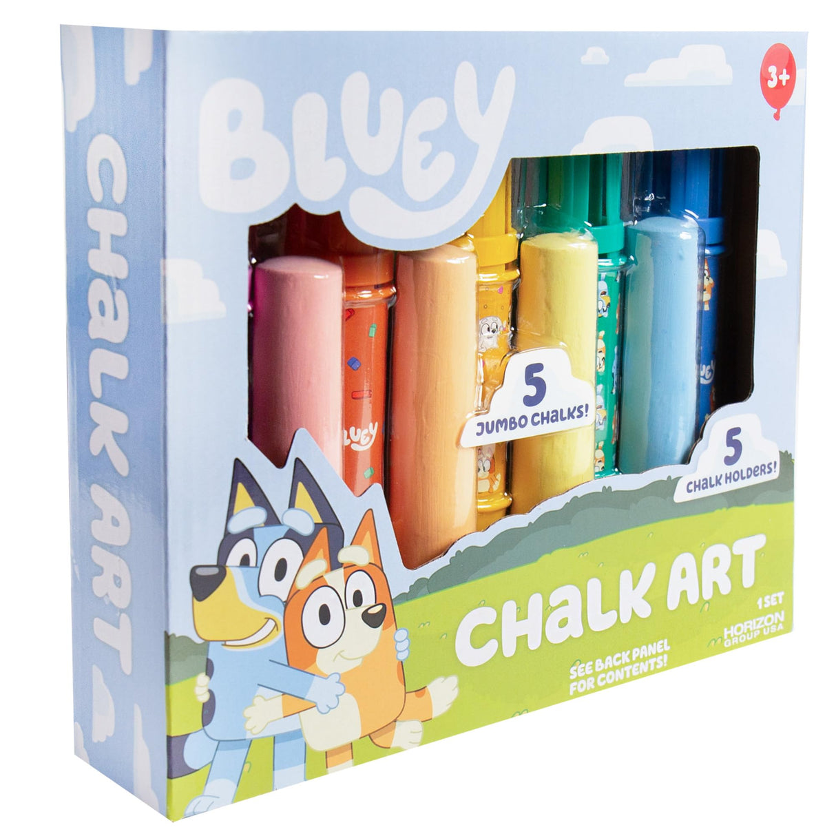 Official Bluey Chalk Art, 5-Pack, Vibrant Sidewalk Chalk For Kids, Includes 5 Chalks, Chalk Holders & Reusable Stencil, Outside Toys for Toddlers 1-3, Bluey Birthday Party Supplies, Bluey Toys Horizon Group USA