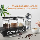 MACIFECI Glass Coffee Containers with Shelf Coffee Station Organizer 54oz Black Glass Coffee Bean Storage Canister with Spoon Coffee Canister Set Kitchen Food Storage Jars for Coffee, Sugar, Candy MACIFECI