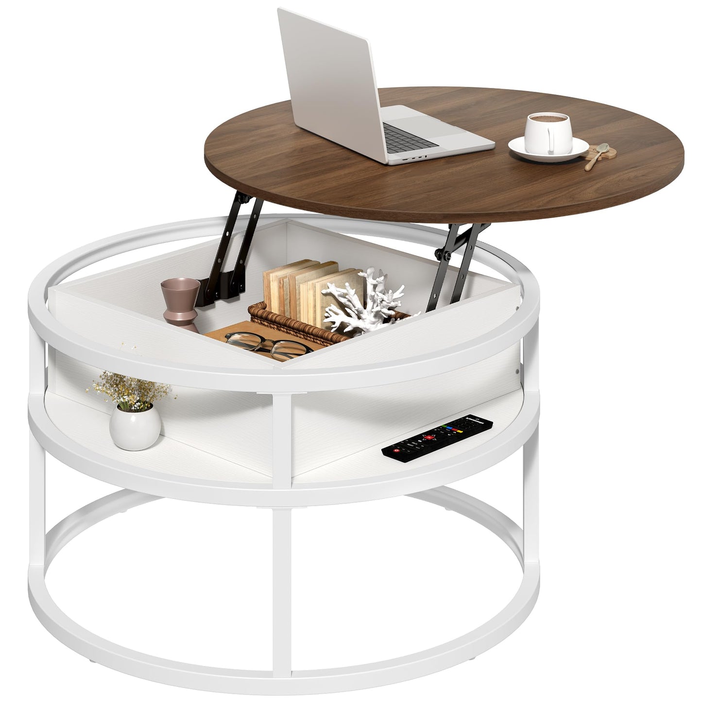 YITAHOME Round Lift Top Coffee Table, Coffee Tables for Living Room with Hidden Storage Compartment, Modern Coffee Table with Storage for Home Office,Round Center Tables Living Room,Brown and White