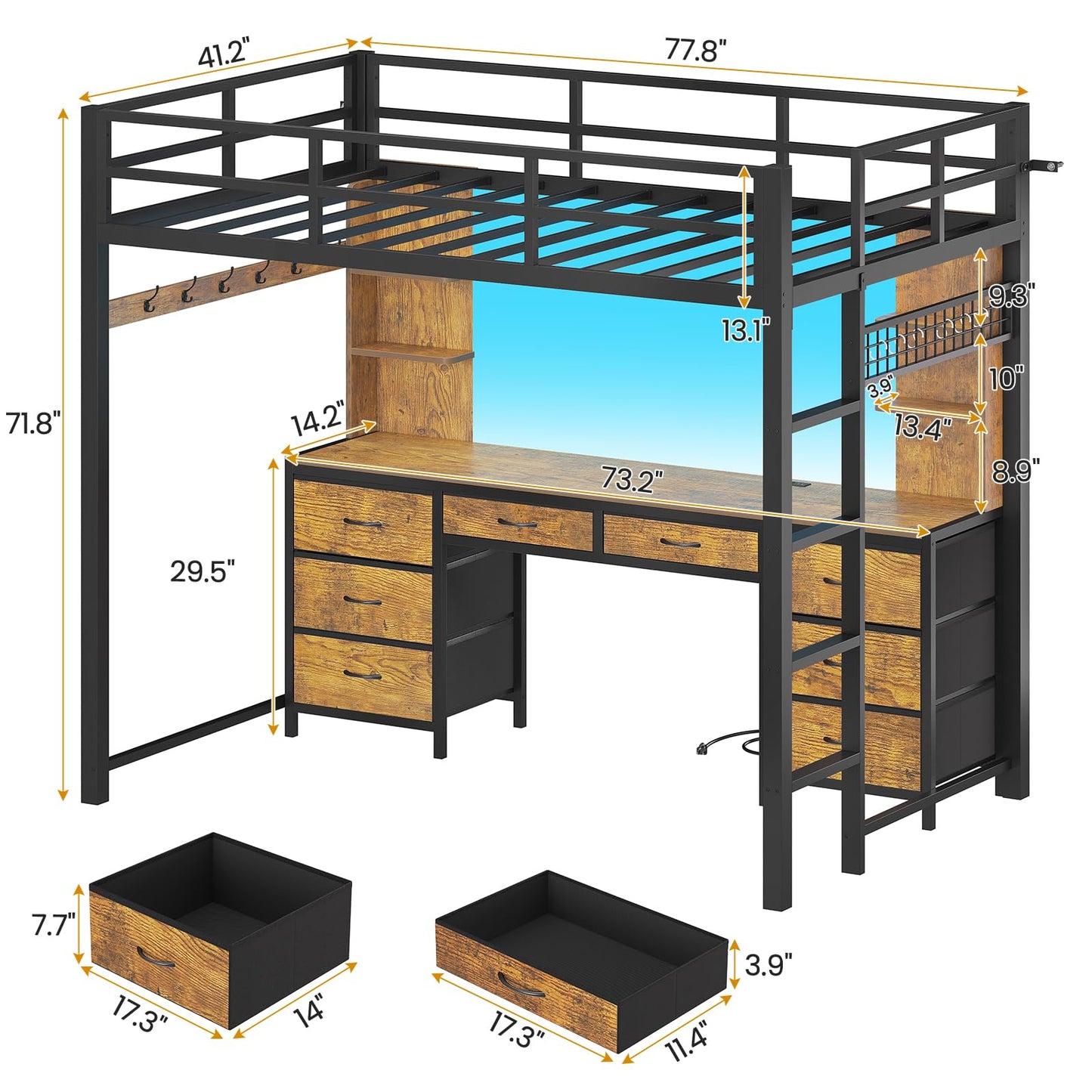 ADORNEVE Twin Loft Bed with Desk and 8 Storage Drawers, Metal Loft Bed Twin Size with LED Lights & Charging Sation, LED Loft Bed with 6 Storage Shelves & Clothes Rail, Full-Length Guardrail, Black