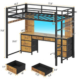 ADORNEVE Twin Loft Bed with Desk and 8 Storage Drawers, Metal Loft Bed Twin Size with LED Lights & Charging Sation, LED Loft Bed with 6 Storage Shelves & Clothes Rail, Full-Length Guardrail, Black ADORNEVE