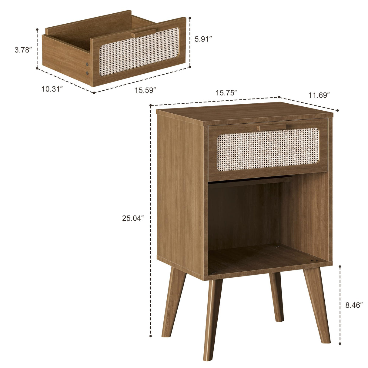 YAUKOMEL Rattan Nightstand,Mid Century Modern Bedside Table with Drawer,Wood Nightstand with Solid Wood Legs,End Table Side Table Accent Table for Living Room,Bedroom,Small Space Caramel Oak CTG62BR YAUKOMEL
