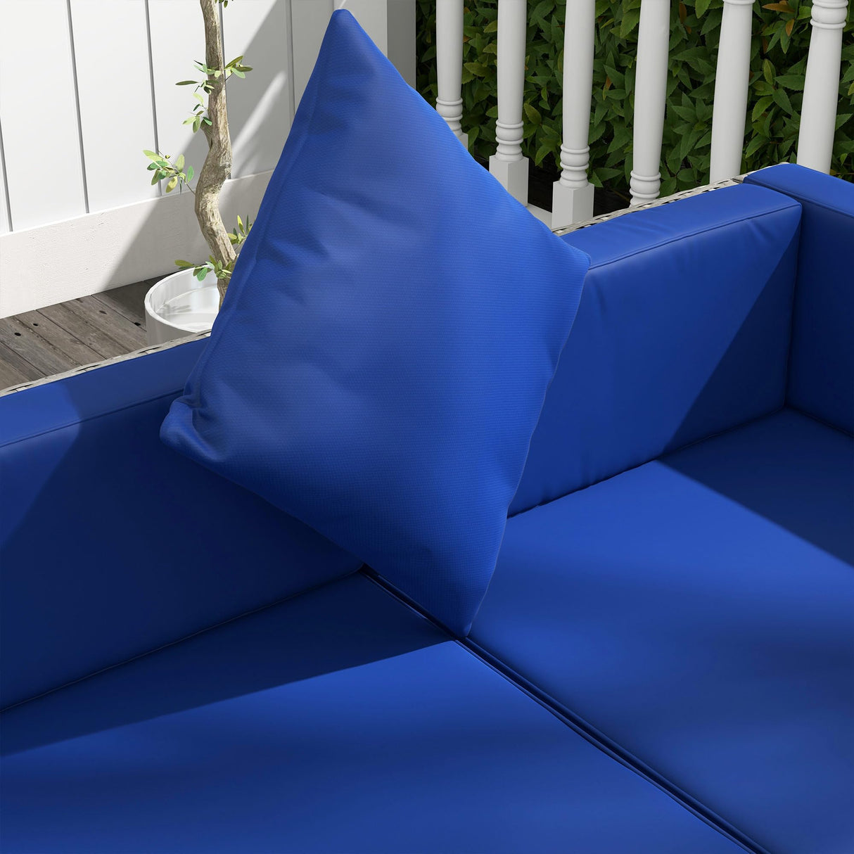 Outsunny 7-Piece Patio Furniture Set, Outdoor Wicker Conversation Set, All Weather PE Rattan Sectional Sofa Set with Cushions and Tempered Glass Top Coffee Table, Pillows, Blue Outsunny