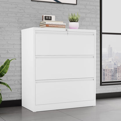 DWVO Metal Lateral Filing Cabinet, 3 Drawer Stainless Steel Lateral File Cabinet with Lock, Wide Storage Cabinet for Legal/Letter A4 Size, Office Organizer, White