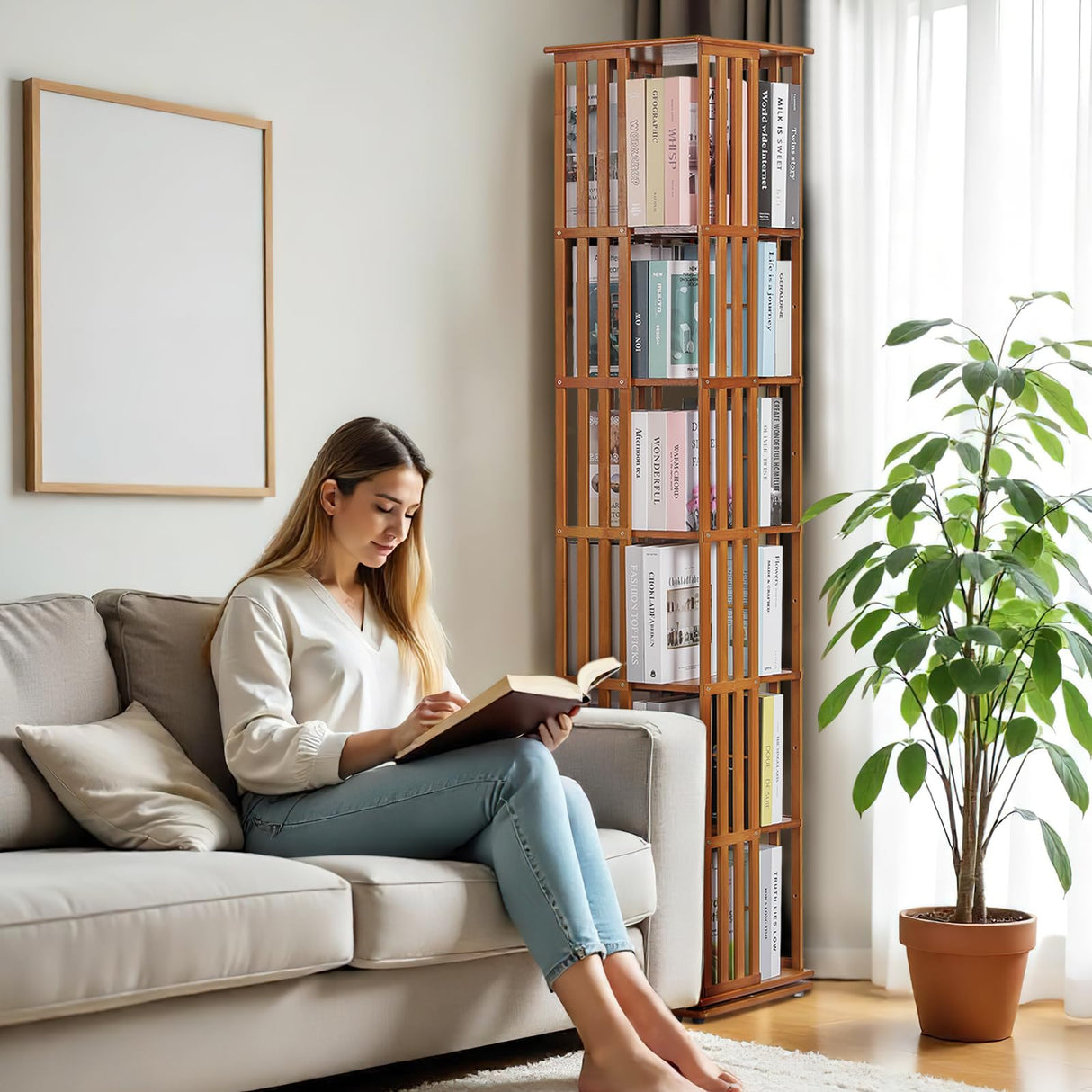 Athena Collection Rotating Bamboo Bookshelf, 6-Tier Floorstanding Corner Bookcase, 360-Degree Modern Open Book Storage Rack for Living Room Bedroom Office Furniture, Brown Athena Collection