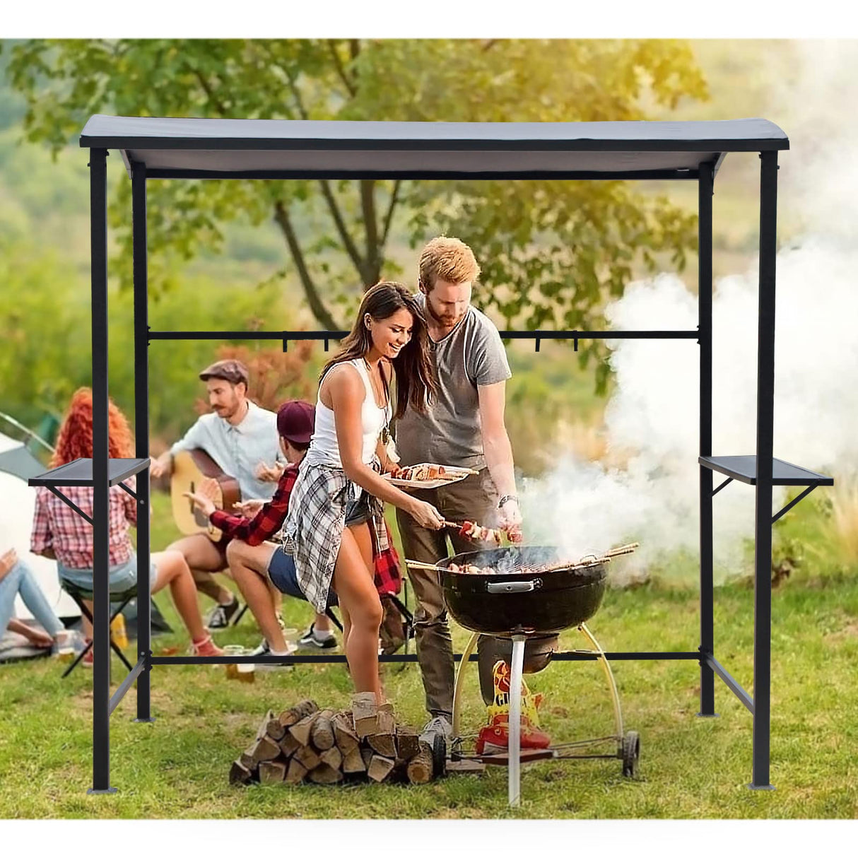 COBANA Grill Gazebo 8’by 4.6’ Outdoor Patio BBQ Canopy with Single-Tier Soft Top and Metal Shelves, Gray COBANA