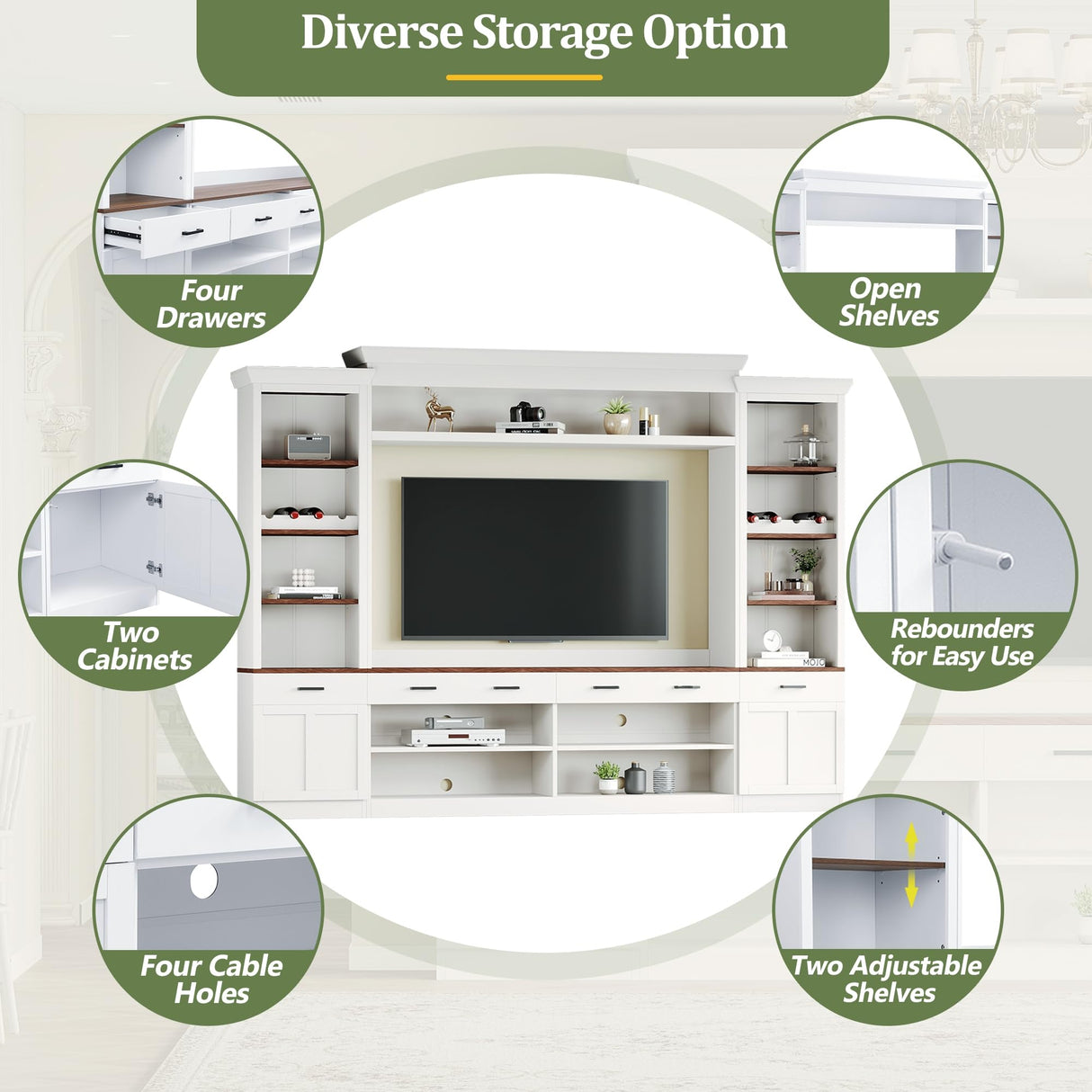 Farmhouse Wall Unit Entertainment Center with Adjustable Shelves and Wine Rack TV Wall Units for Living Room with Storage Bookshelf and Cabinet Large Media Console Entertainment Center - White MaiDeHaoo