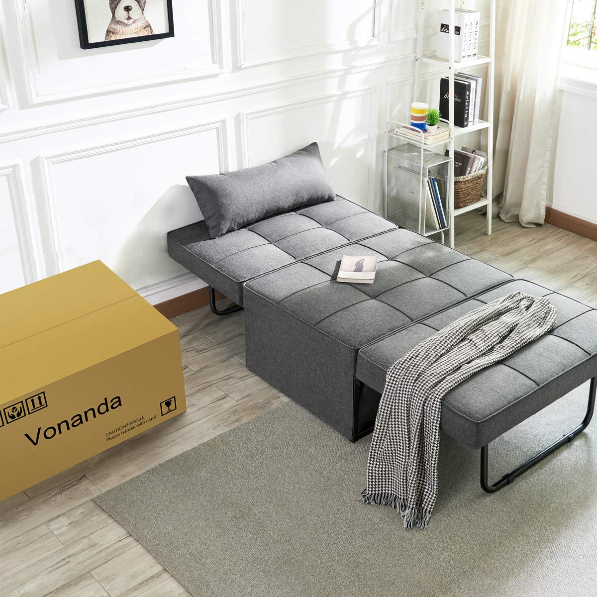 Vonanda Sofa Bed, Convertible Chair 4 in 1 Multi-Function Folding Ottoman Modern Breathable Linen Guest Bed with Adjustable Sleeper for Small Room Apartment,Dark Gray