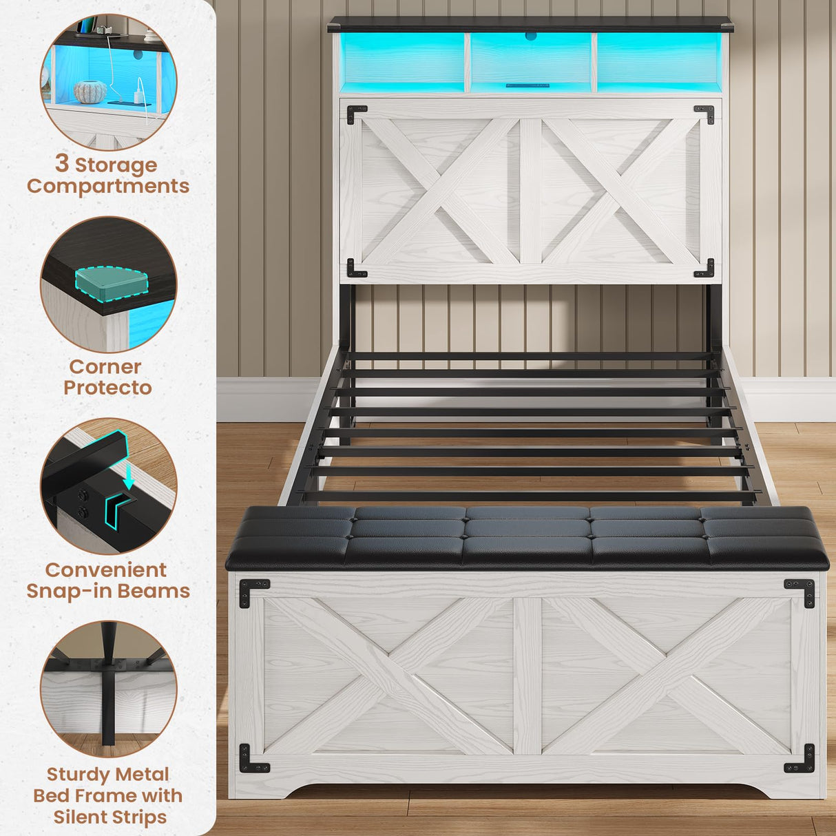 Hasuit Farmhouse Bed Frame Twin Size with Storage Headboard, Charging Station and LED Light, Wooden Twin Bed Frame with Storage Ottoman, Barn Door Design, No Box Spring Needed, No Noise (Walnut White) Hasuit