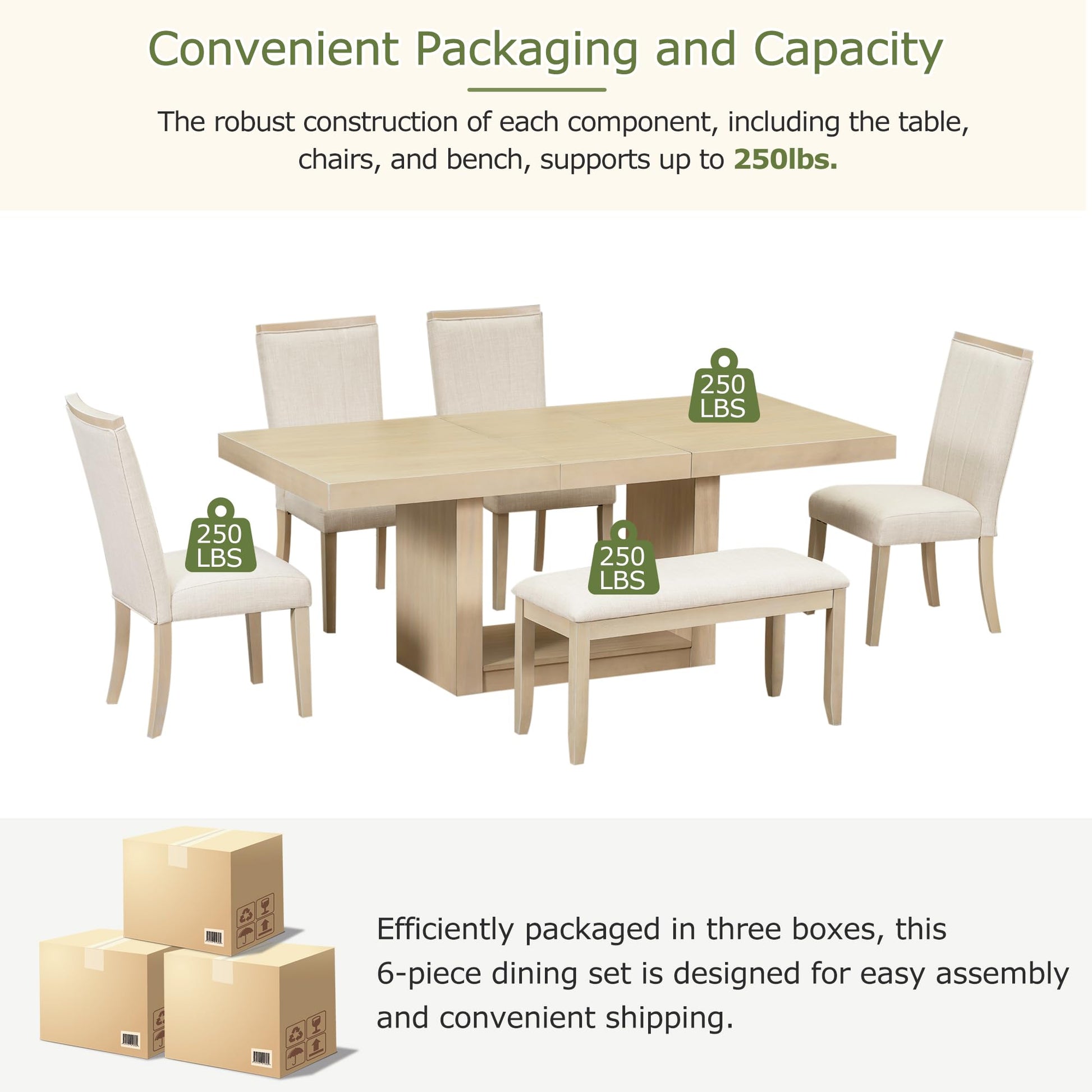 JURMALYN 78" Wood Extendable Dining Table Set for 6 8 10 Person, Country Rustic Rectangular Kitchen Table Set, 6-Piece Dining Room Table with Upholstered Chairs and Bench, Natural - WoodArtSupply