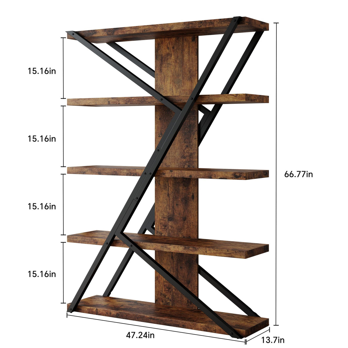 FUSUNBAO 5-Tier Wooden and Metal Frame Bookshelf,Vintage Industrial Modern Style Tall Bookcase,72 "H x 12 "W x 47" L,Rustic Large Wooden Shelf,Display Shelf for Home Office,Retro Brown FUSUNBAO