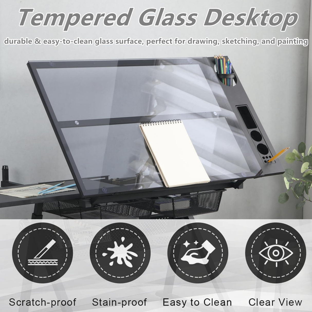 Roockky Drafting Table, 0-75° Tilting Glass Tabletop Drawing Table with Stool - Adjustable Height Art Desk with Multi-Storage for Sketching and Painting - Perfect for Artists and Hobbyists, Black Roockky