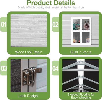 SELLERWE 8x6 FT Outdoor Storage Shed, Waterproof Thicker Resin Shed with Floor & Lockable Door & Window & Vents, Plastic Tool Shed for Backyard, Patio, Poolside, Lawn, All Weather Use, Dove G - WoodArtSupply