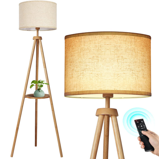 OUTON Wood Tripod Floor Lamp with Shelves, Mid Century Floor Lamp with Remote Control,4 Color Temperature, LED Modern Dimmable Standing Lamp with Beige Linen Shade for Living Room, Bedroom, O - WoodArtSupply