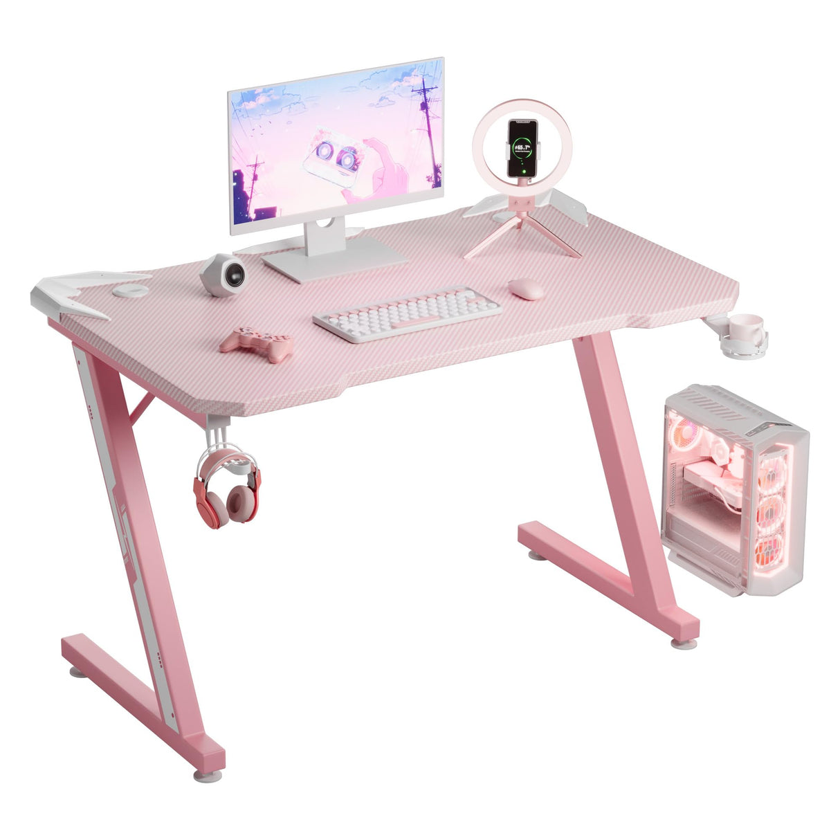 Furmax Gaming Desk Computer Desk Z-Shaped Gaming Table with Carbon Fibre Surface Home Office Desk PC Workstation Desk with Cup Holder, Headphone Hook Modern Style Desk (Pink, 44 inch) Furmax