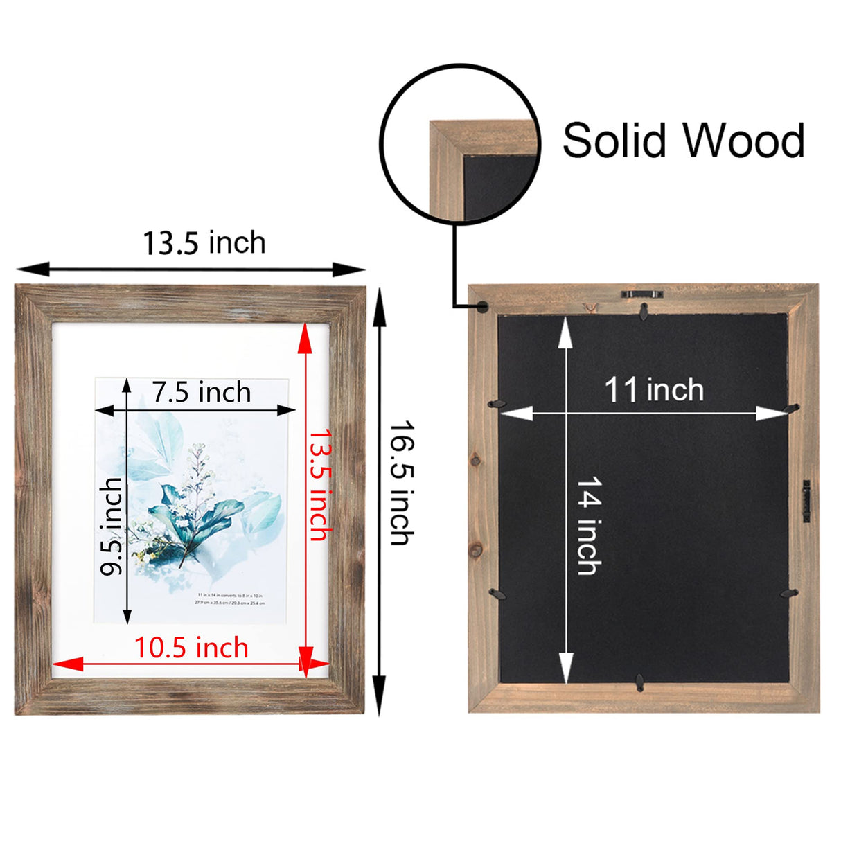 KAIWIN 100% Solid Wood Brown 11x14 Picture Frame 1 Pack Display Picture 8x10 with Mat, HD Glass Inside, Rustic Wooden Photo Frames for Wall Mounting KAIWIN